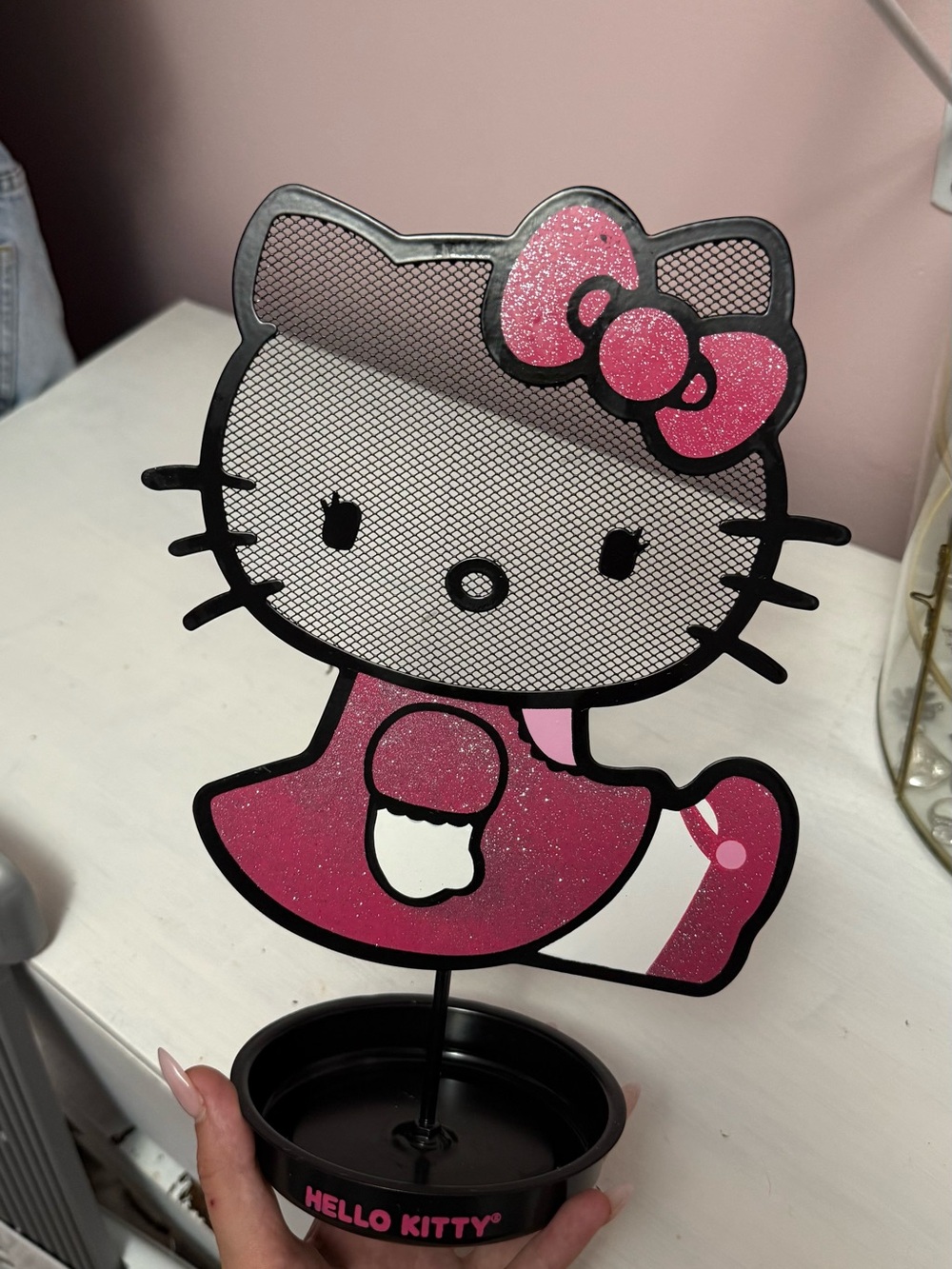 Y2K Girls Hello Kitty Black & Pink Glitter Jewelry Stand